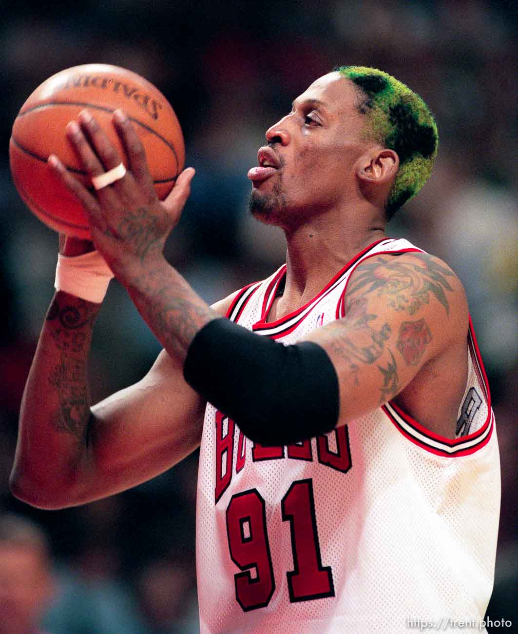 Dennis Rodman shoots a game-winning free-throw at Jazz vs. Bulls, game 4 of the NBA Finals. Bulls won