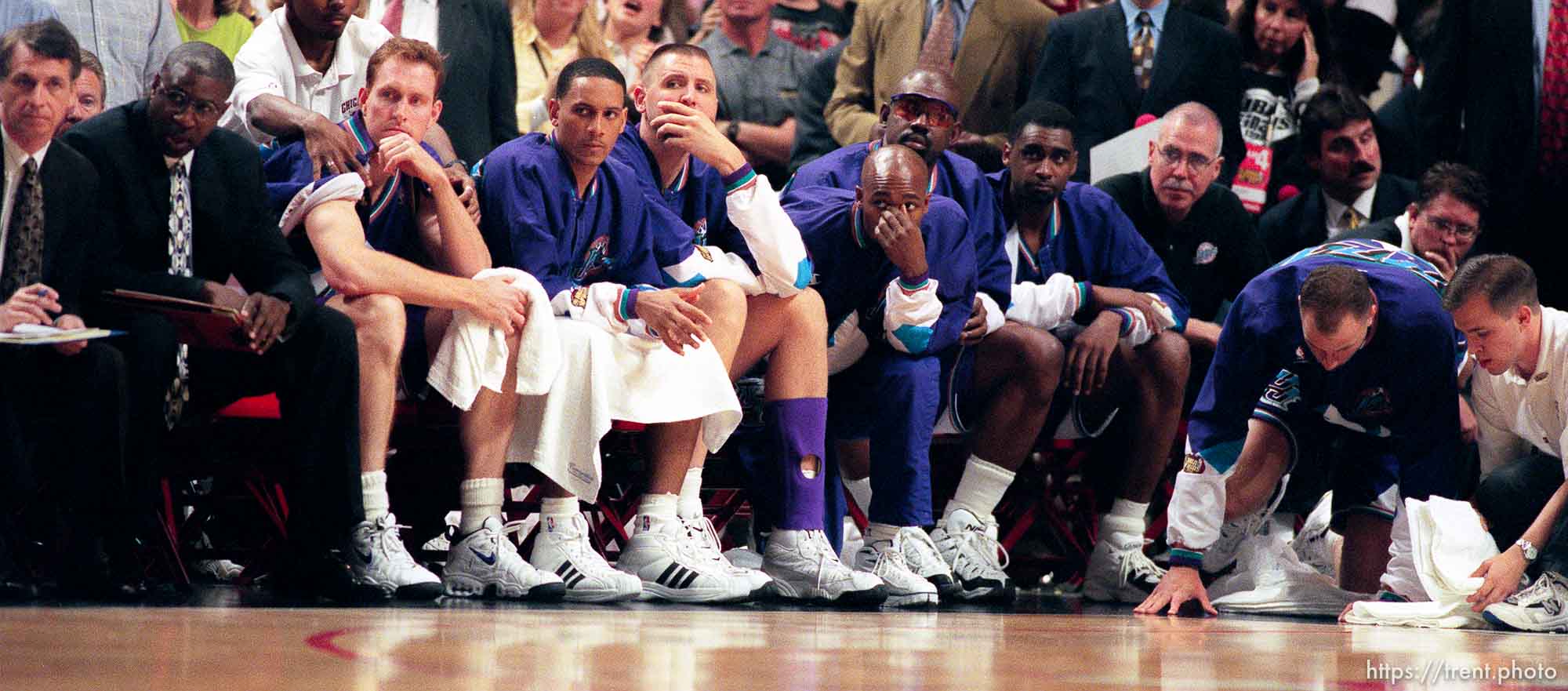 Dejected Jazz bench at Jazz vs. Bulls, game 4 of the NBA Finals. Bulls won