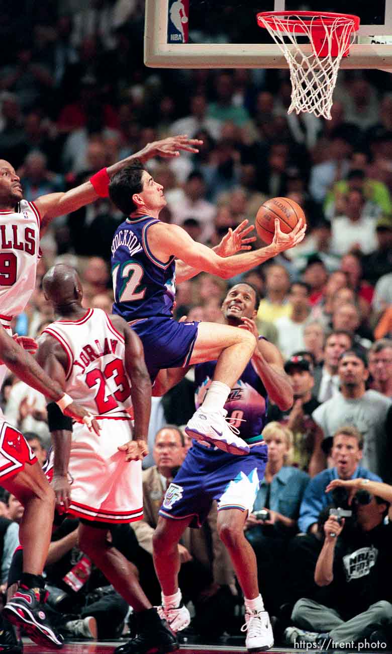 John Stockton drives at Jazz vs. Bulls, game 4 of the NBA Finals. Bulls won