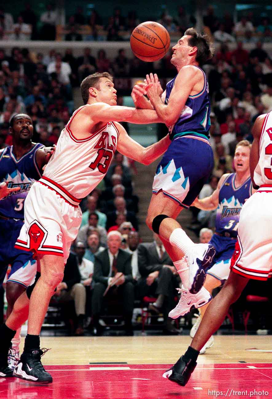 Luc Longley shoves Jeff Hornacek at Jazz vs. Bulls, game 4 of the NBA Finals. Bulls won