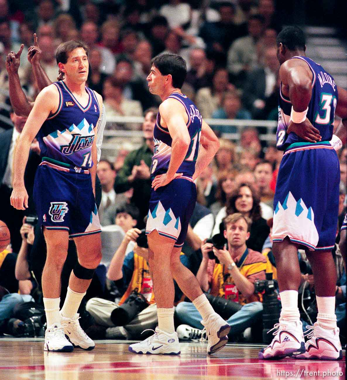 Jeff Hornacek, John Stockton, Karl Malone looking dejected at Jazz vs. Bulls, game 4 of the NBA Finals. Bulls won