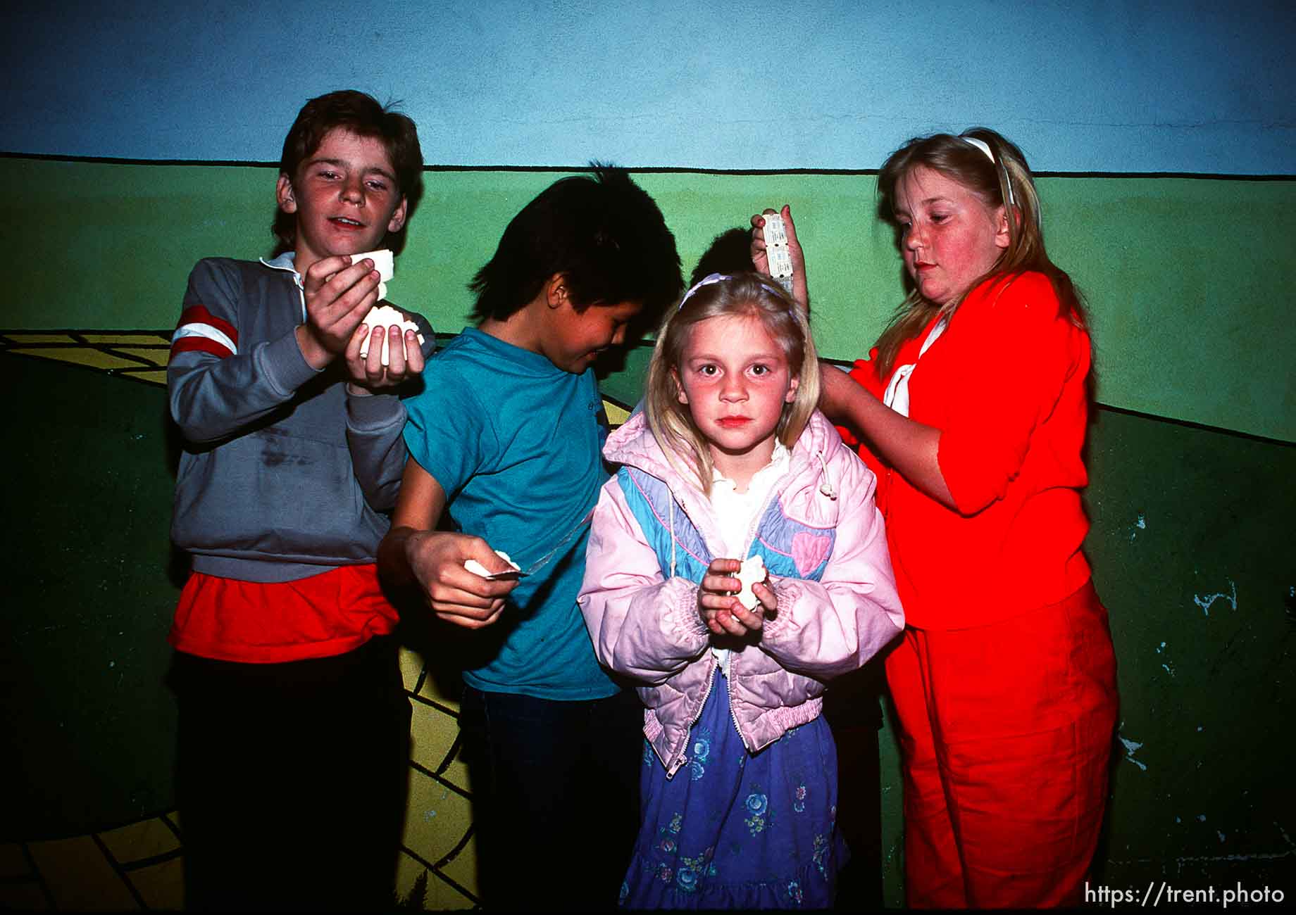 Kids with tickets from Trolley Games, march 1988.