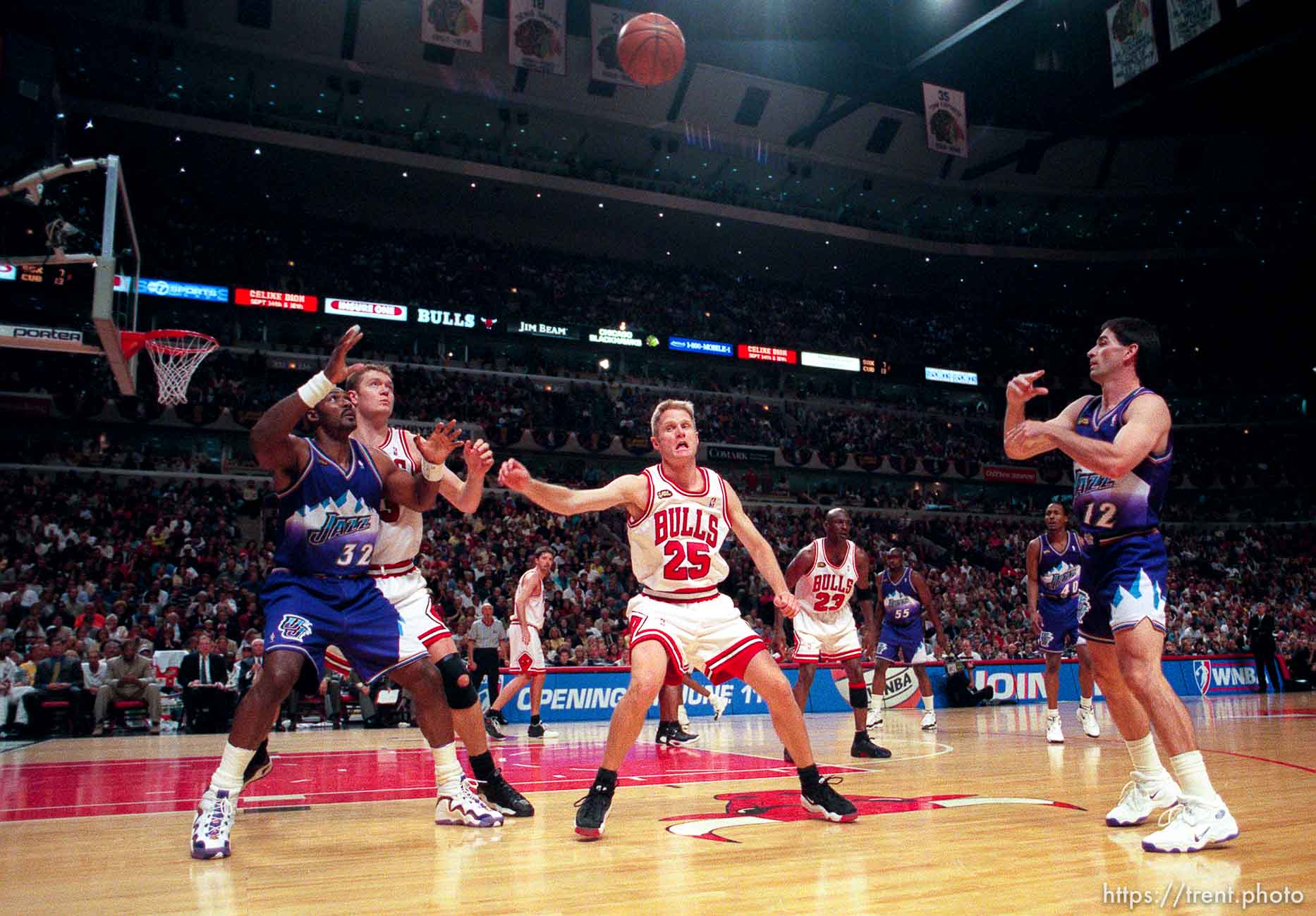 John Stockton throws the ball in to Karl Malone at Jazz vs. Bulls, game 3 of the NBA Finals. Bulls won