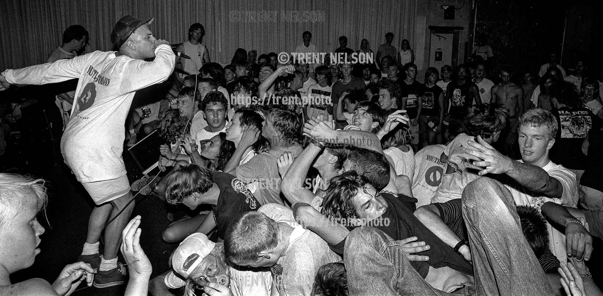 Youth of Today, with singer Ray Cappo, perform at the punk club Speedway Cafe in Salt Lake City, Utah, July 24, 1988.