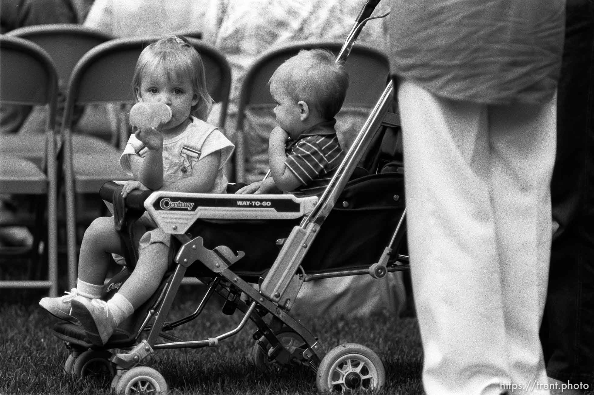 Kids in stroller at 34th annual Salmon Supper at Memorial Park.