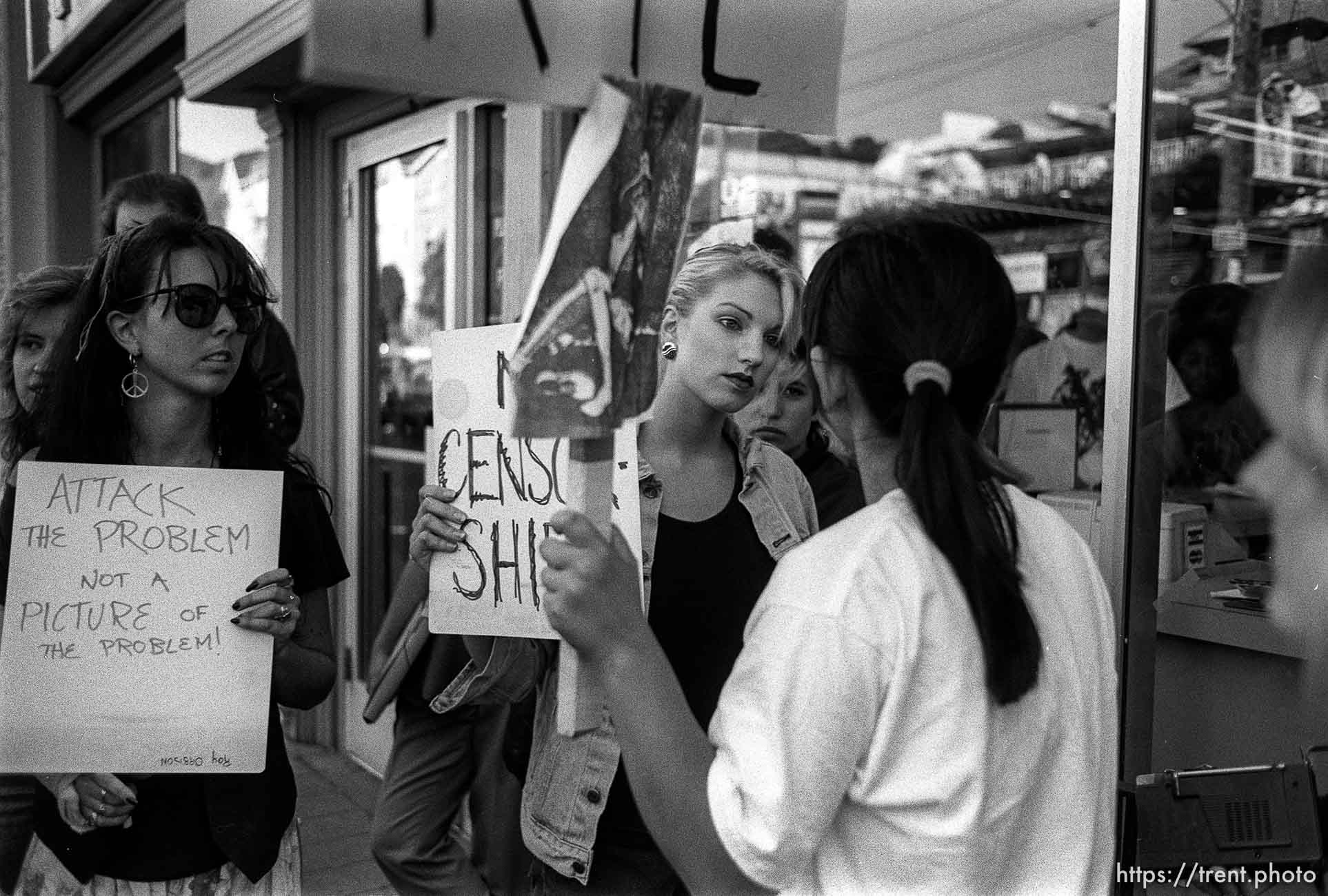 Protest against Guns & Roses in front of Tower Records due to art on their album that women found offensive.