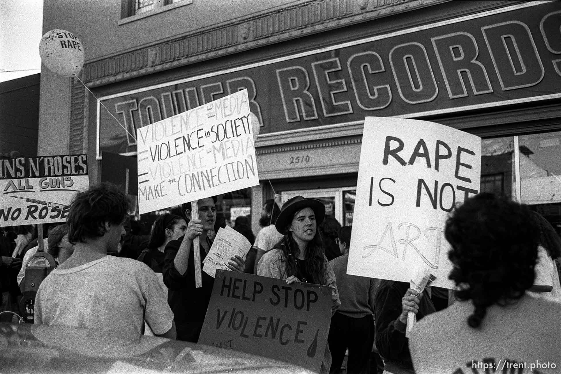 Protest against Guns & Roses in front of Tower Records due to art on their album that women found offensive.