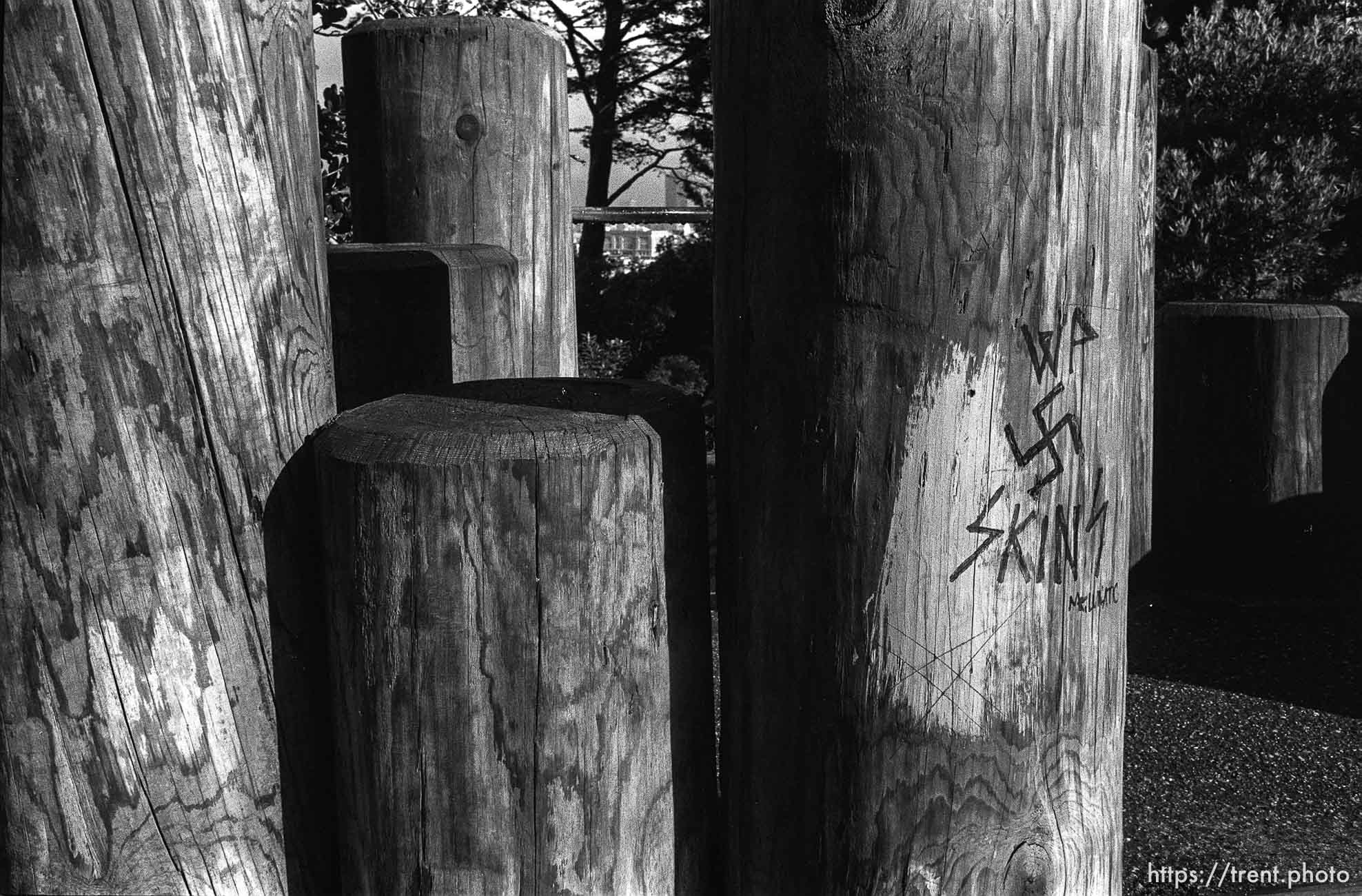 Nazi skinhead graffiti at a park in the Haight-Ashbury District.