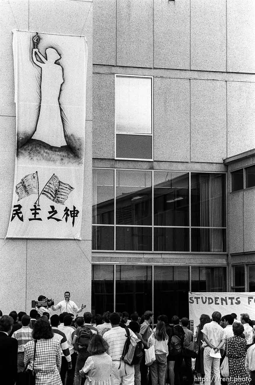 Student BYU rally protesting Tiananmen Square massacre in China.