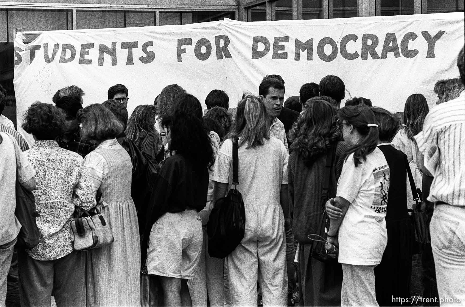 Student BYU rally protesting Tiananmen Square massacre in China.