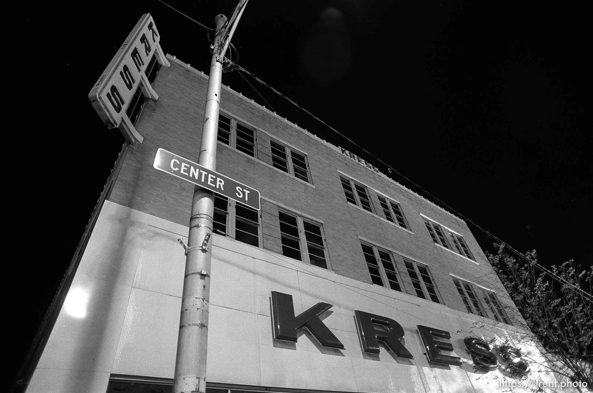 The Kress Building on Center Street at night.