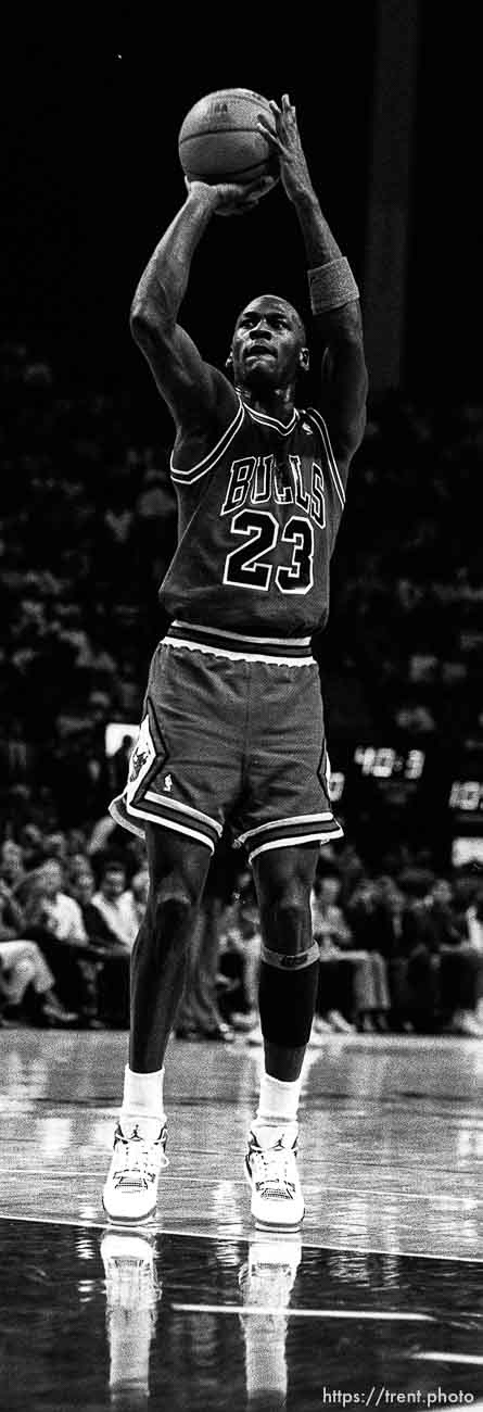 Michael Jordan at Jazz vs. Chicago basketball.