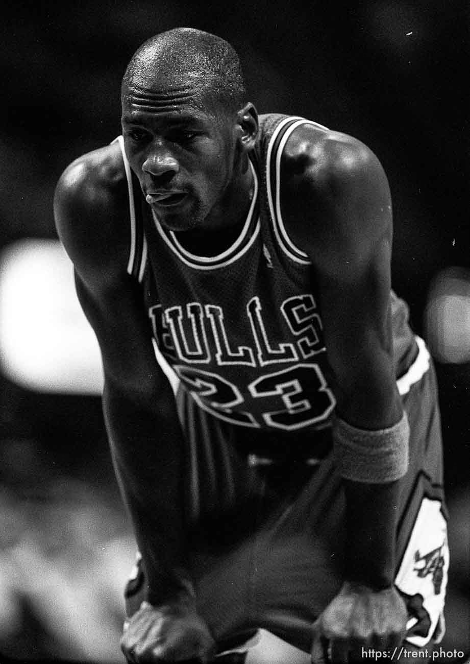 Michael Jordan at Jazz vs. Chicago basketball.