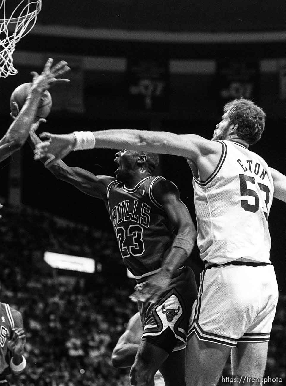 Michael Jordan at Jazz vs. Chicago basketball.