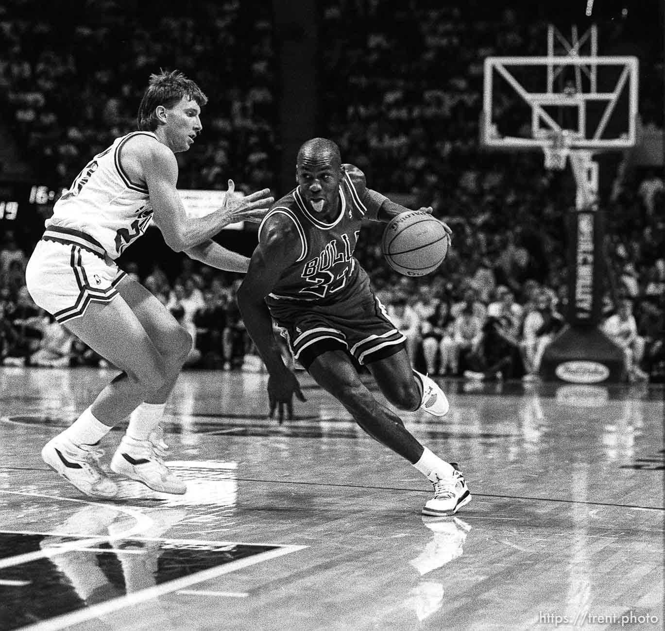 Michael Jordan at Jazz vs. Chicago basketball.