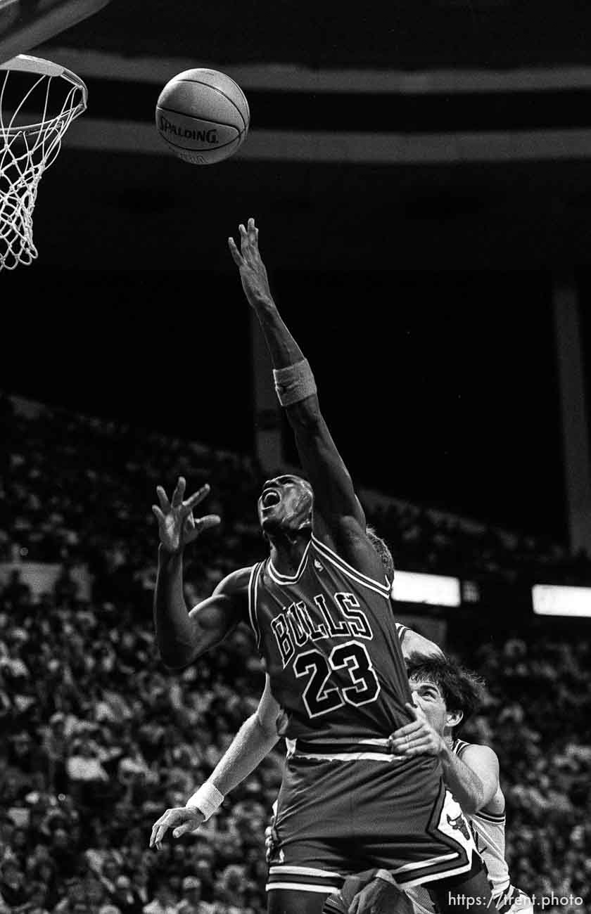 Michael Jordan at Jazz vs. Chicago basketball.