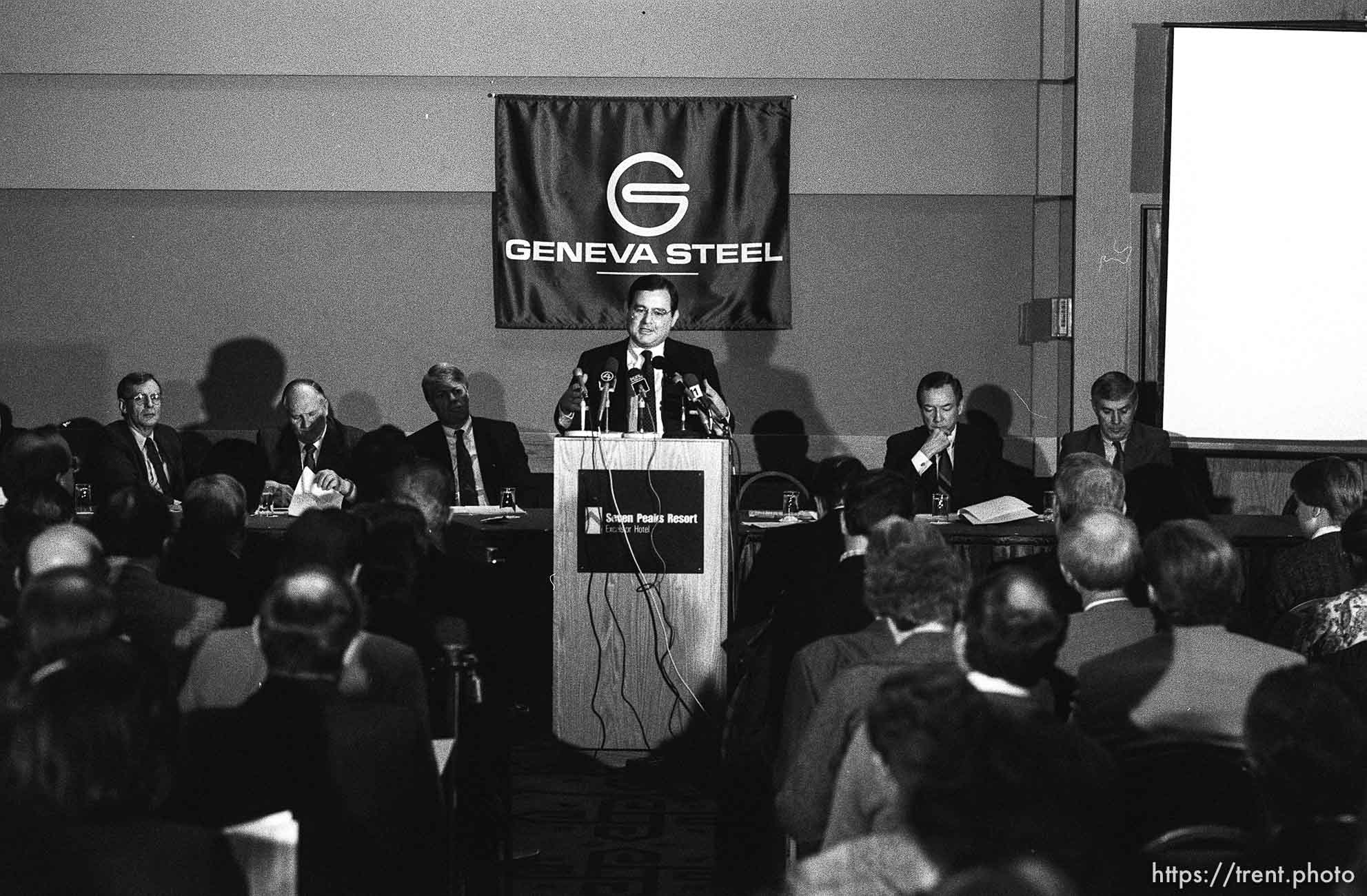 Joe Cannon (pres. of Geneva Steel) at Geneva Steel press conference announcing they would modernize the steel plant and institute environmental improvements.