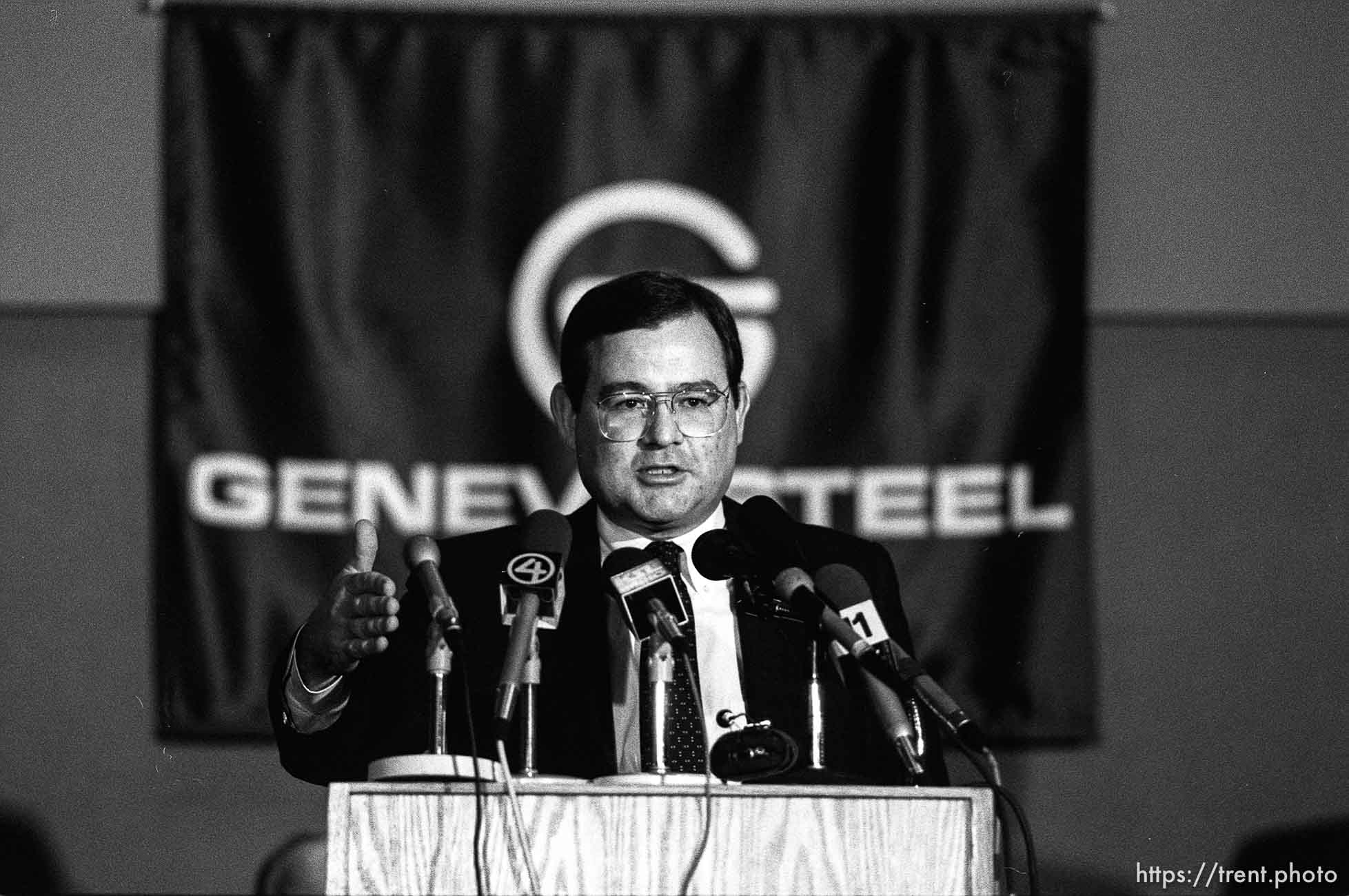 Joe Cannon (pres. of Geneva Steel) at Geneva Steel press conference announcing they would modernize the steel plant and institute environmental improvements.