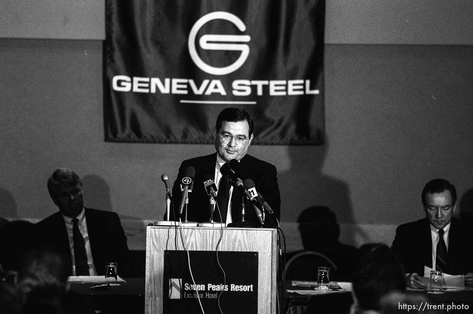 Joe Cannon (pres. of Geneva Steel) at Geneva Steel press conference announcing they would modernize the steel plant and institute environmental improvements.