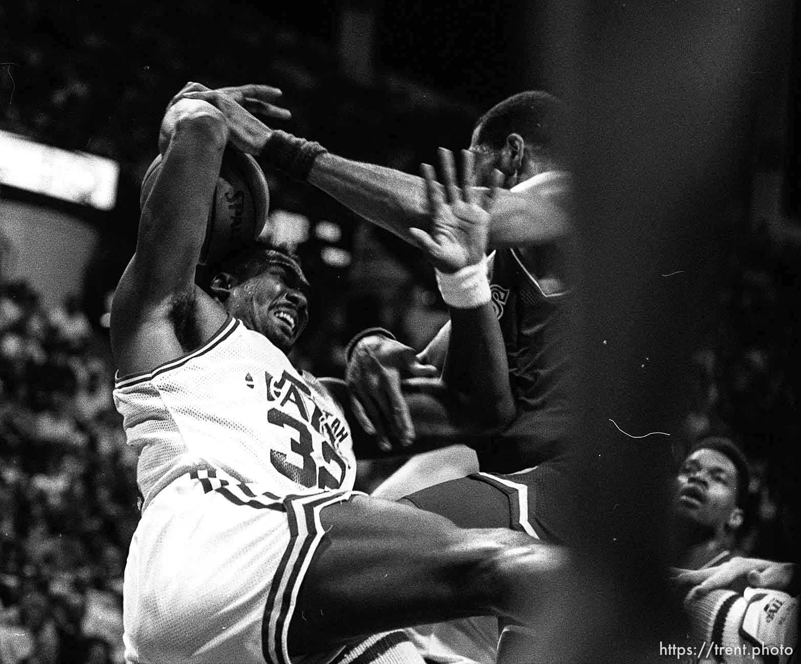 Karl Malone gets a hard foul at Jazz vs. Dallas basketball.