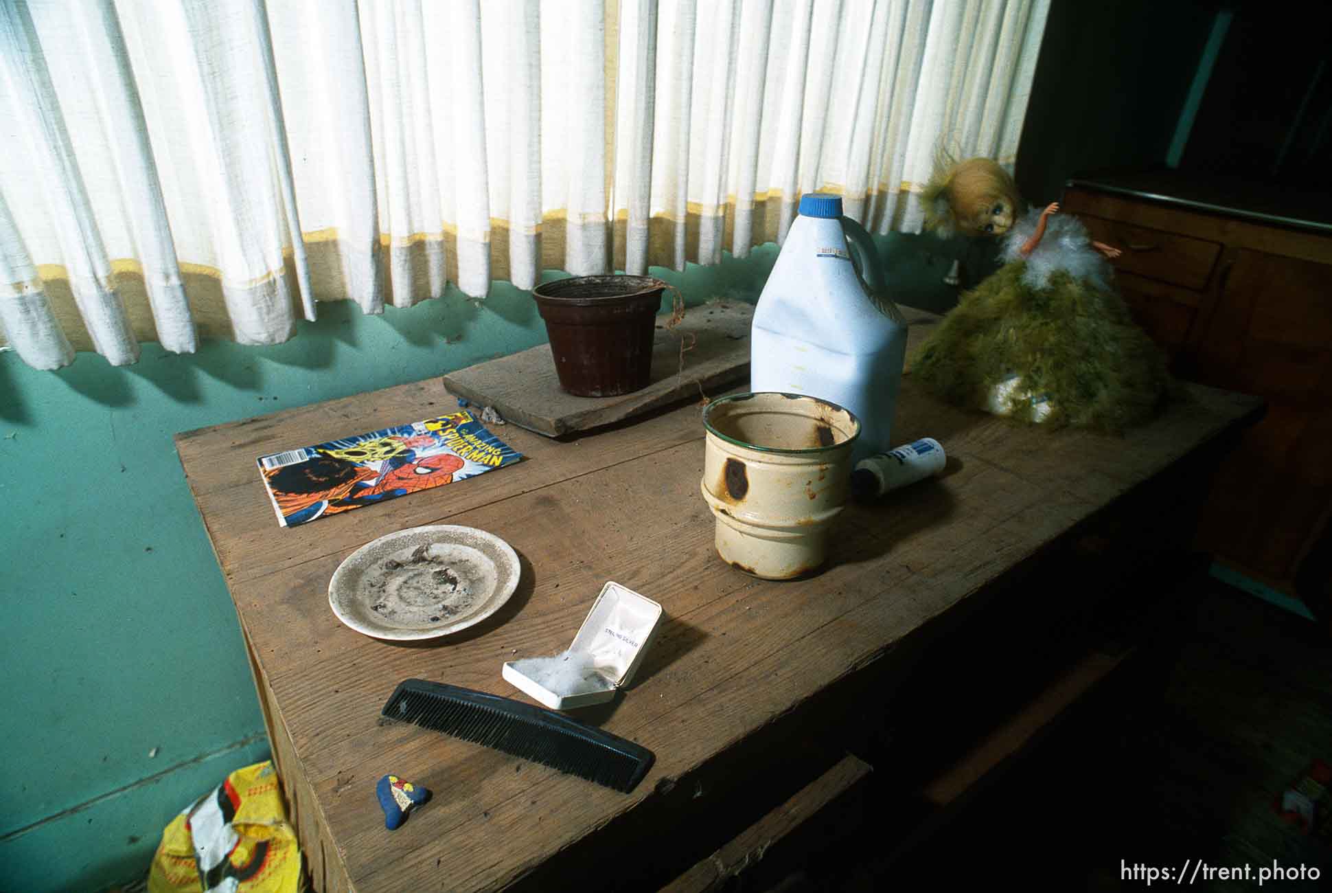 Strange table setting in abandoned house.