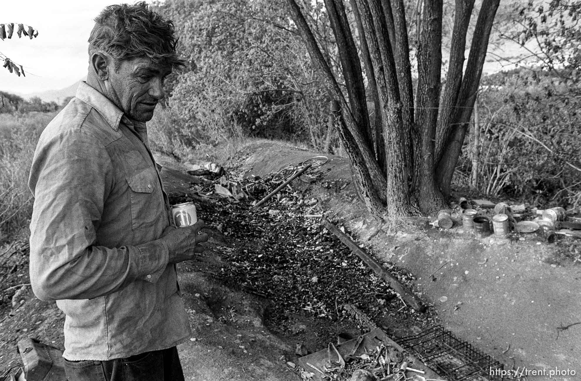 Casey at his camp, which was burned up in a fire while he was away.