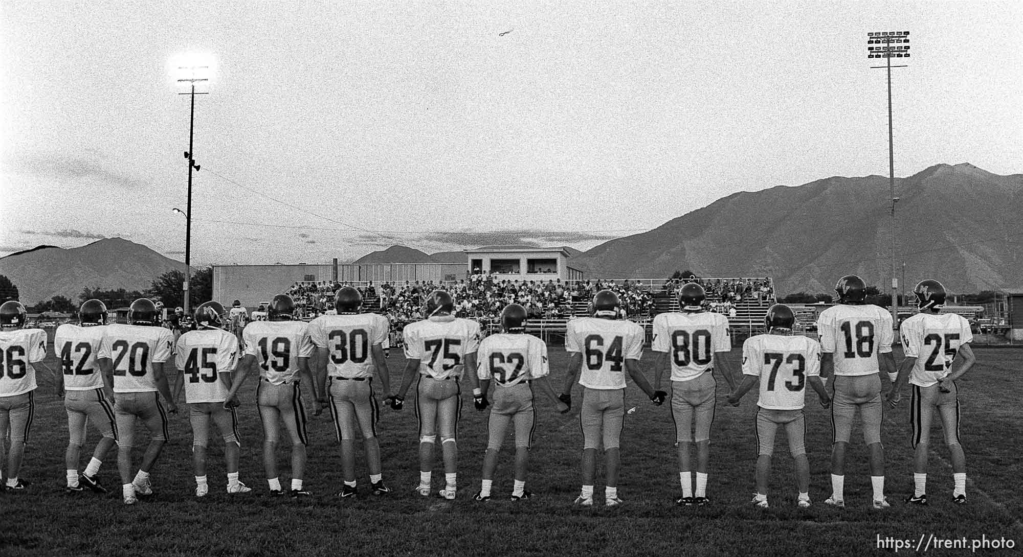 Mountain View players line up at American Fork vs. Mountain View football game.