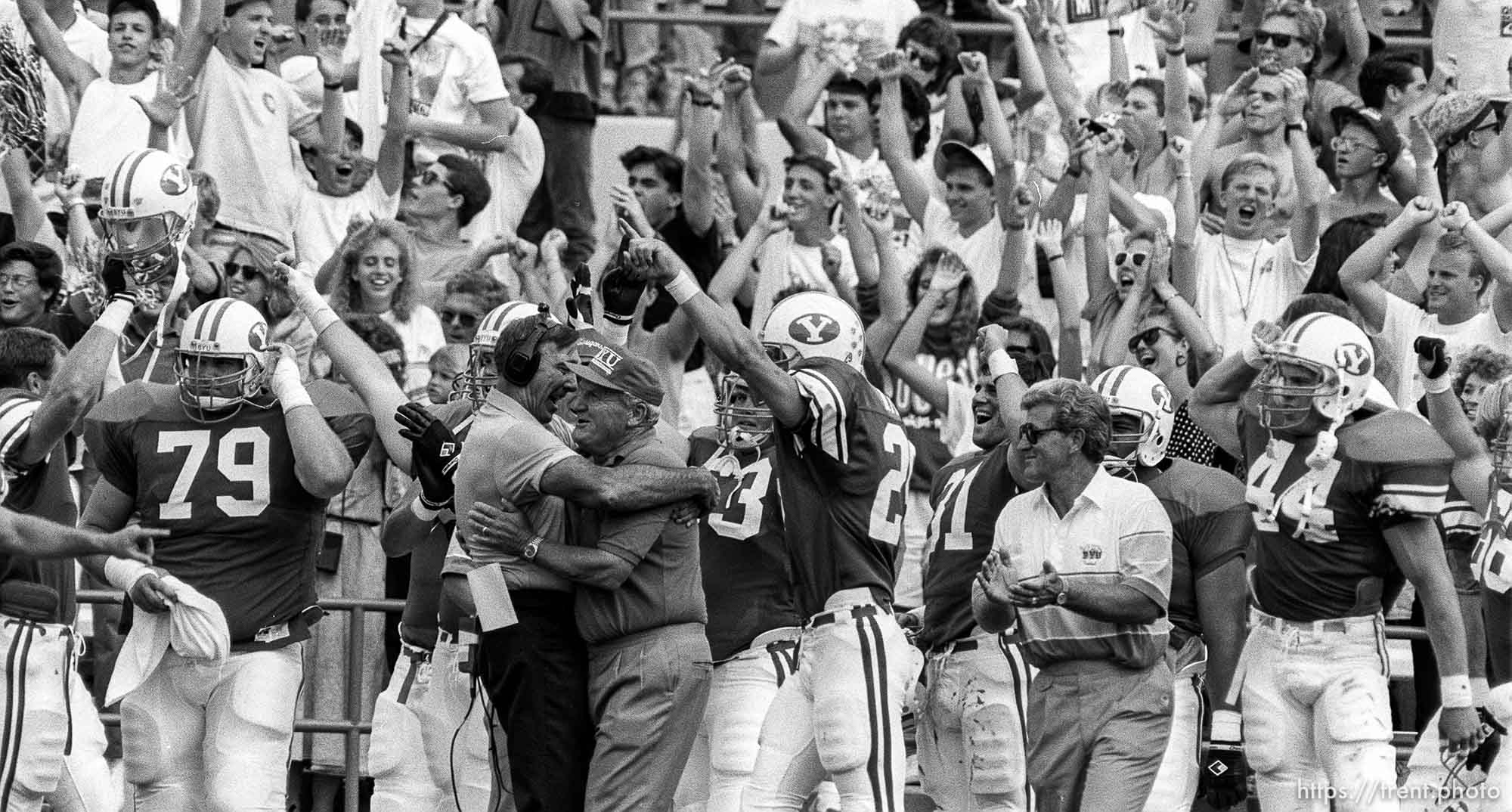 Celebration after BYU vs. Washington State football. Good Roger French, LaVell Edwards.