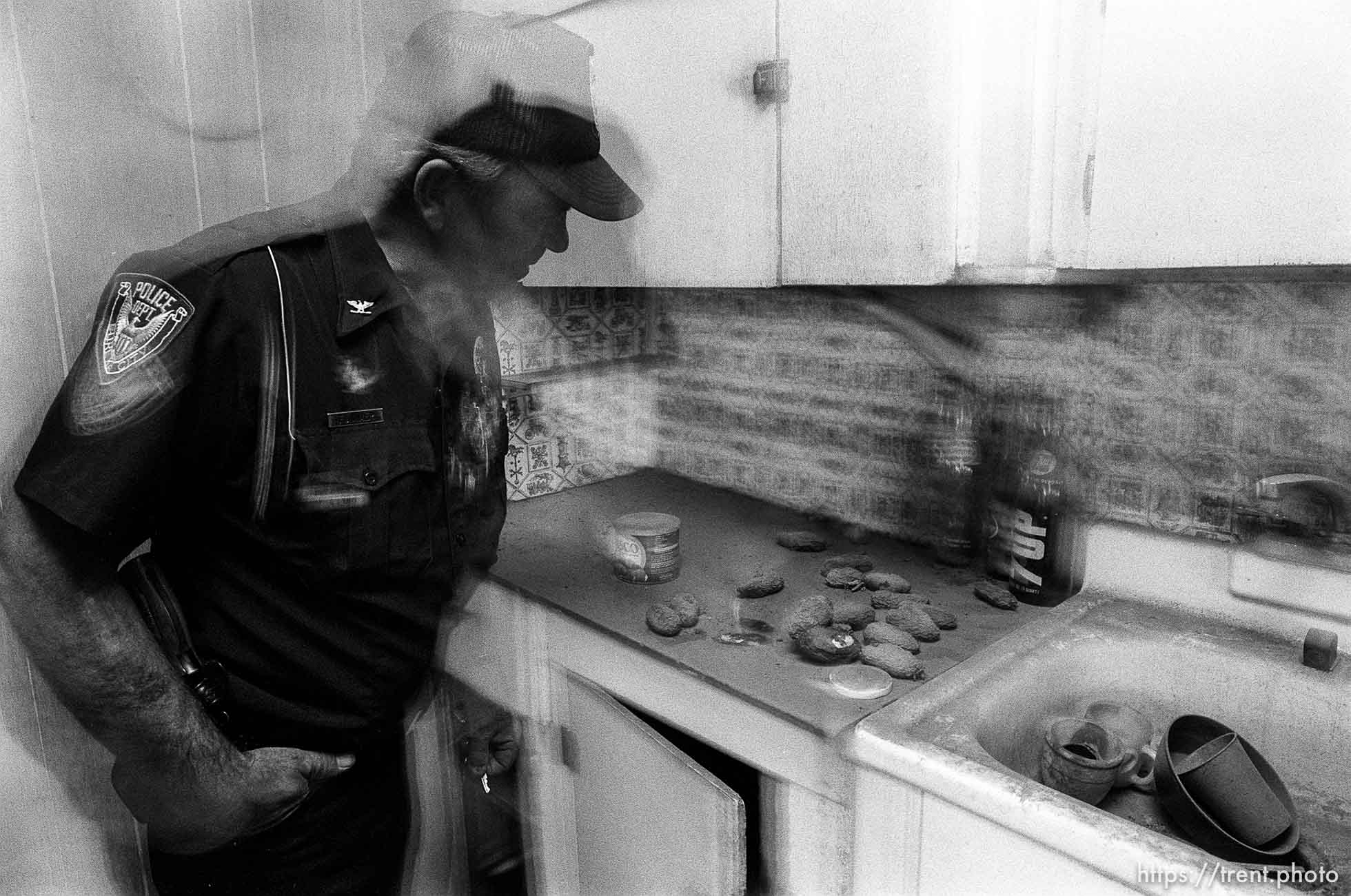 Eureka Police Chief Fullmer examines old potatoes in an abandoned home