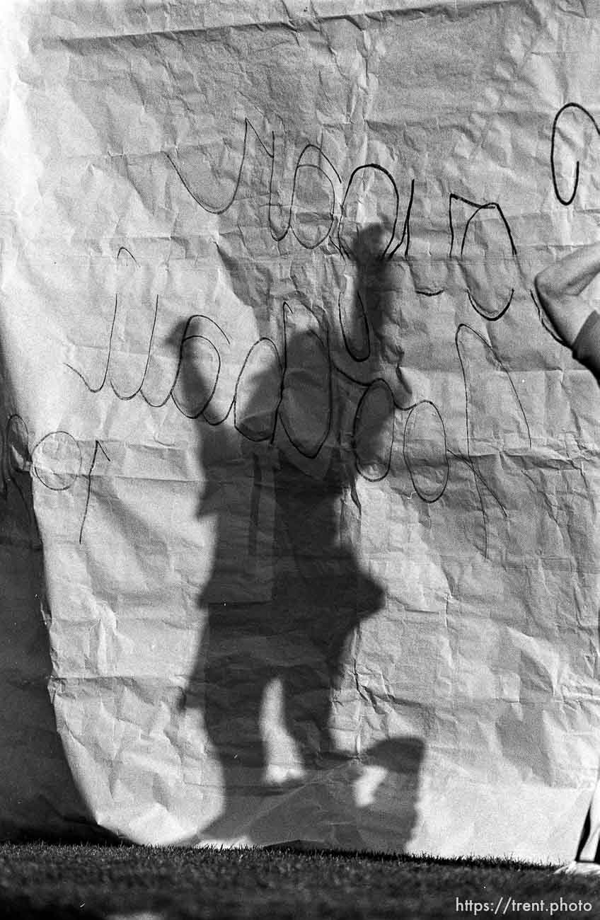 Cheerleader's shadow and banner at BYU vs. Miami football.