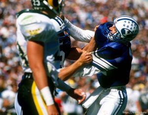 BYU players celebrate (Ty Detmer on right) at BYU vs. Colorado State football.