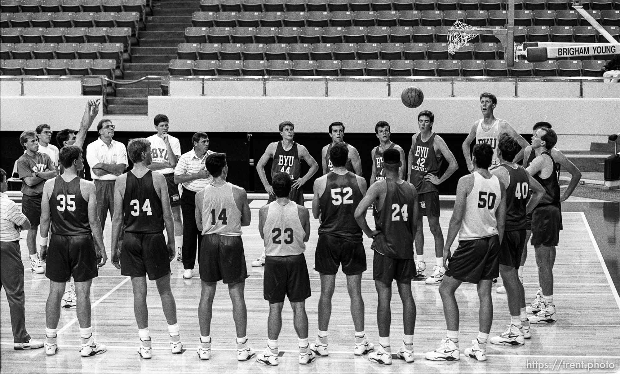 Free throw drill at BYU basketball practice.