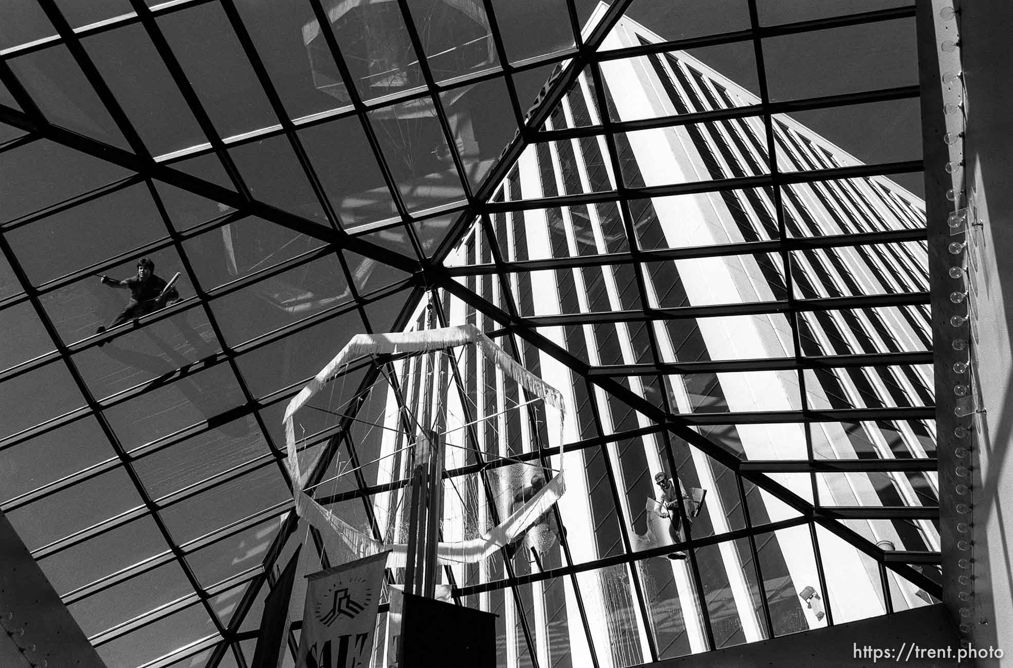 Window washers at Crossroads Mall.