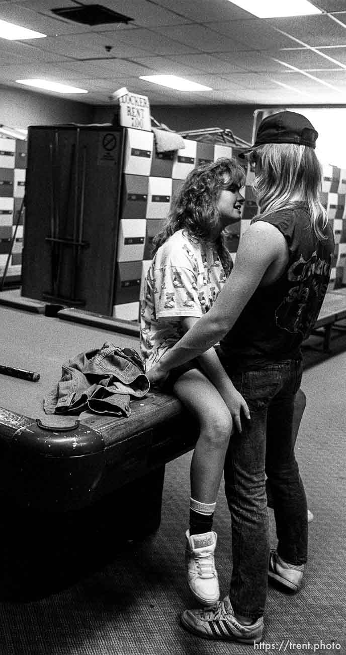 People making out on a pool table at Regal Lanes bowling alley.