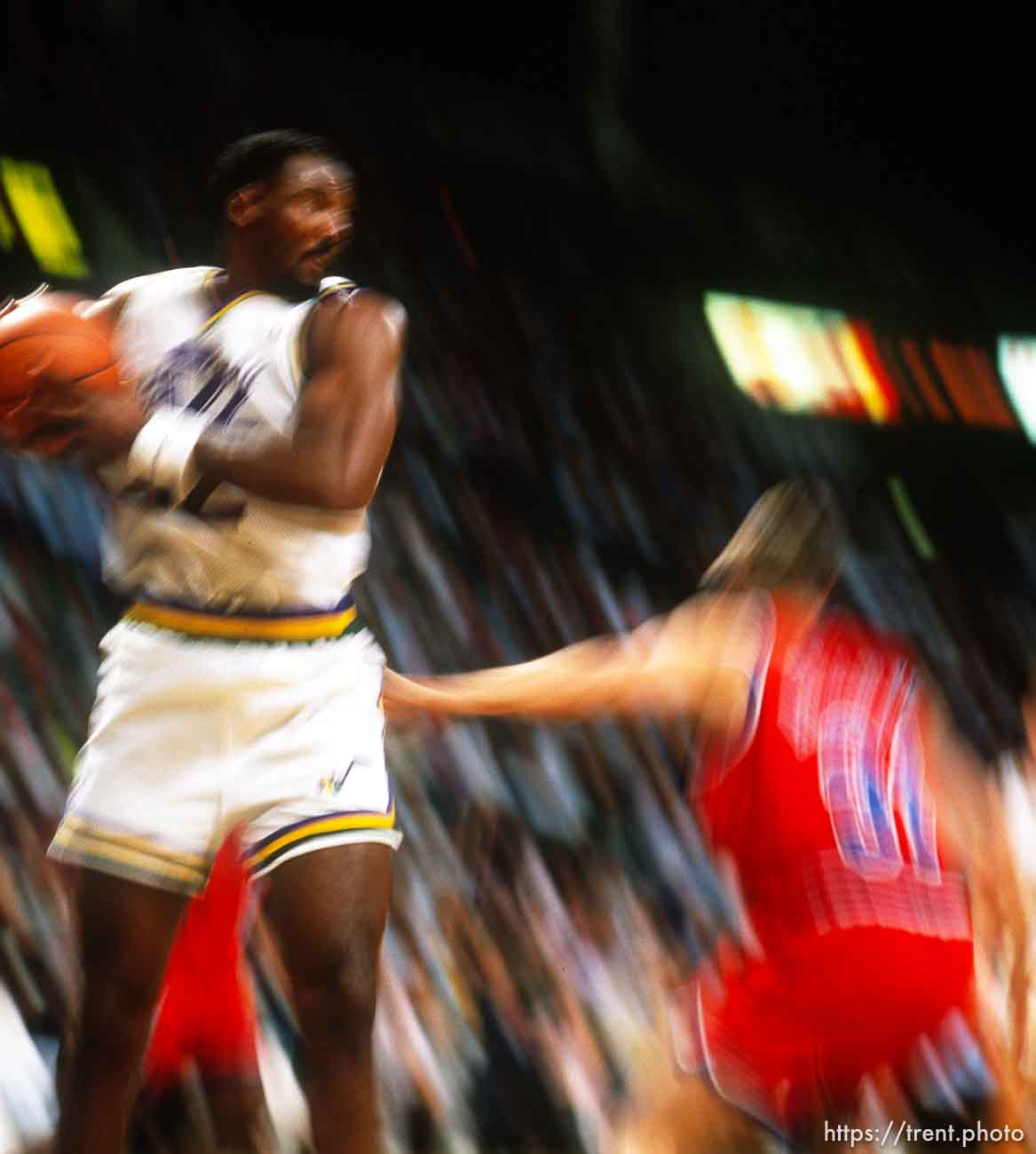 Karl Malone rebounds (slow shutter) at Utah Jazz vs. Washington Bullets.