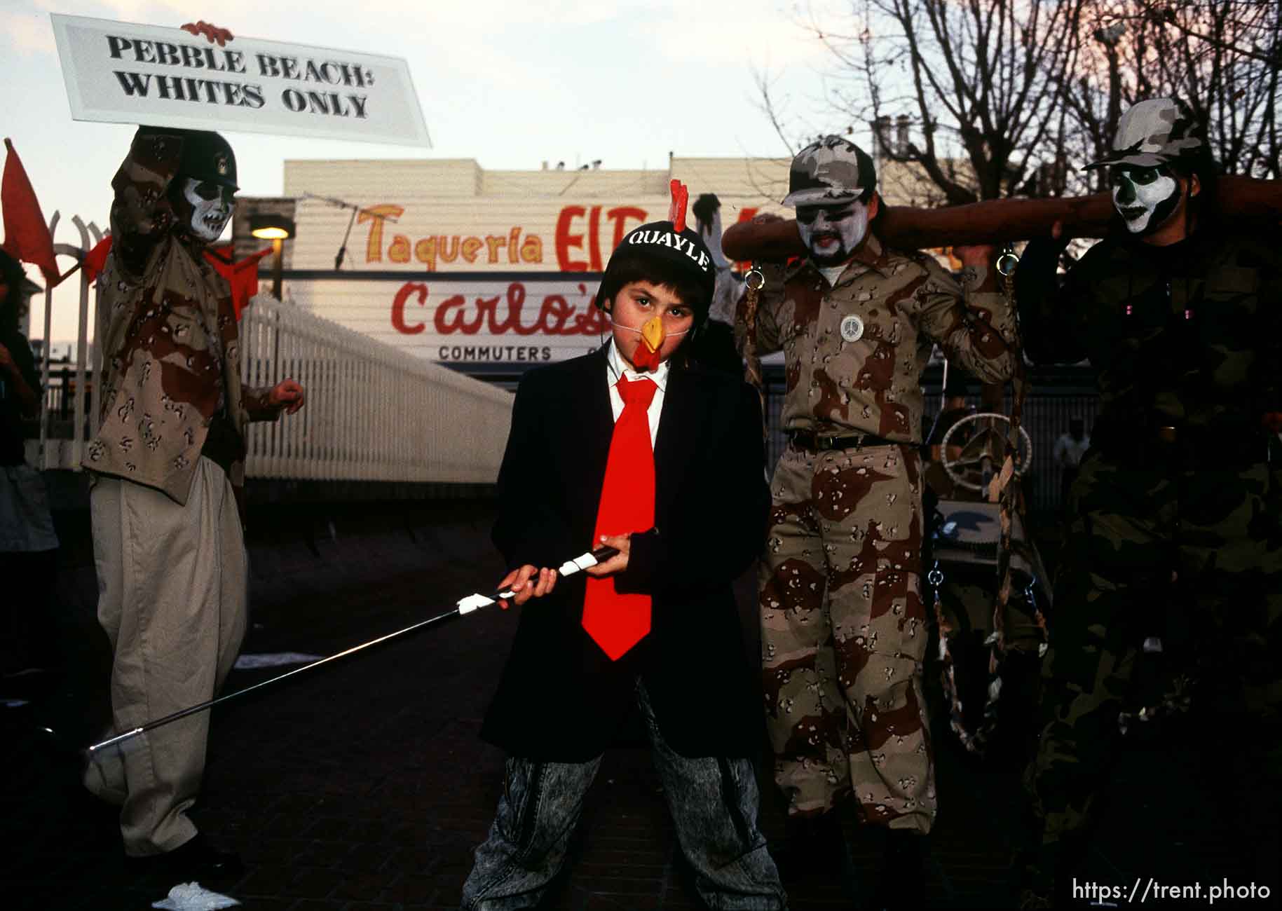 Kid dressed as Dan Quayle during Anti war Gulf War protests.