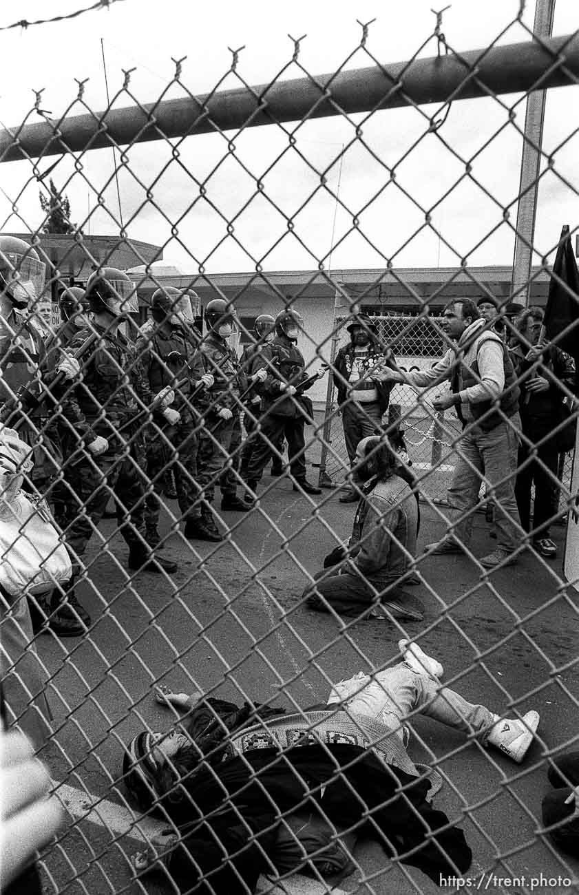 Die in at the front gate with soldiers at Gulf War protest at the Concord Naval Weapons Station.