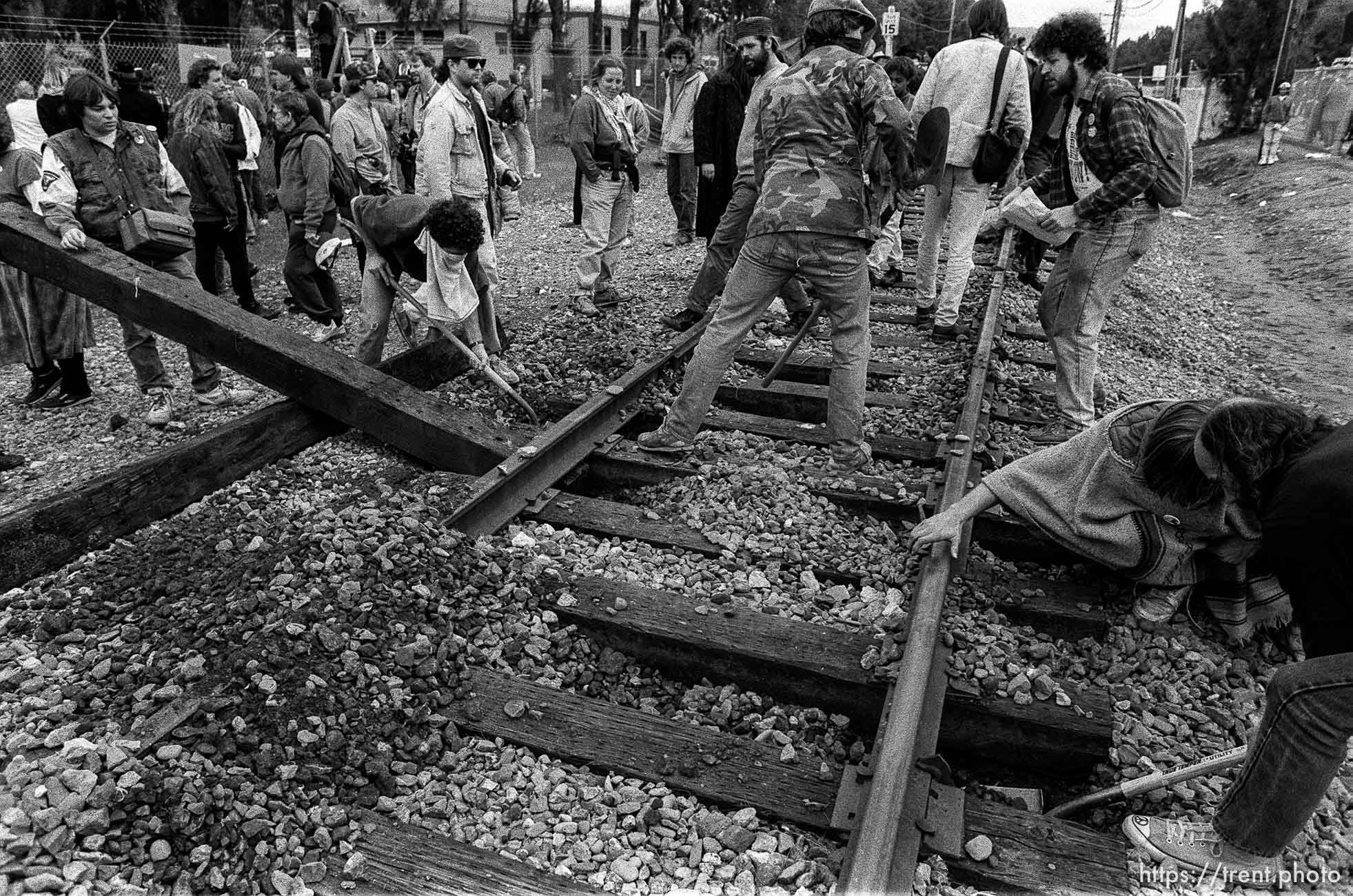 War protesters rip up train tracks at the Naval Weapons Station at Gulf War protest