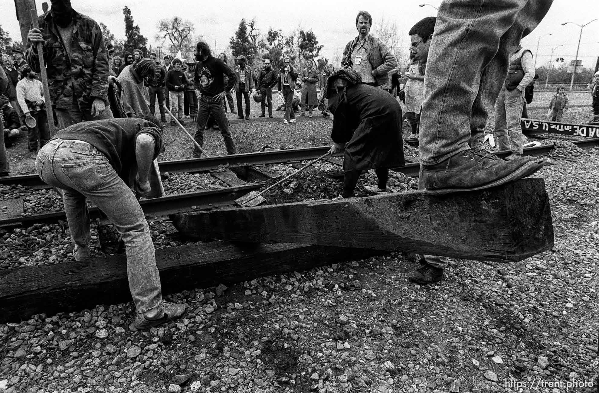 War protesters rip up train tracks at the Naval Weapons Station at Gulf War protest