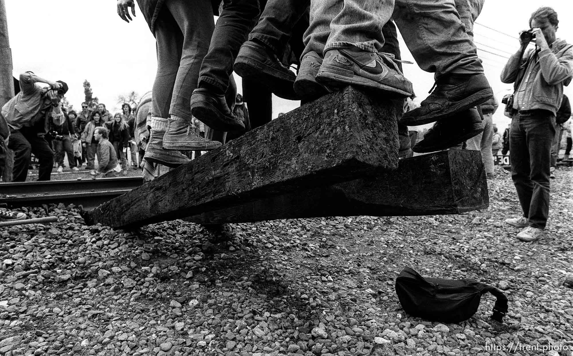 War protesters rip up train tracks at the Naval Weapons Station at Gulf War protest