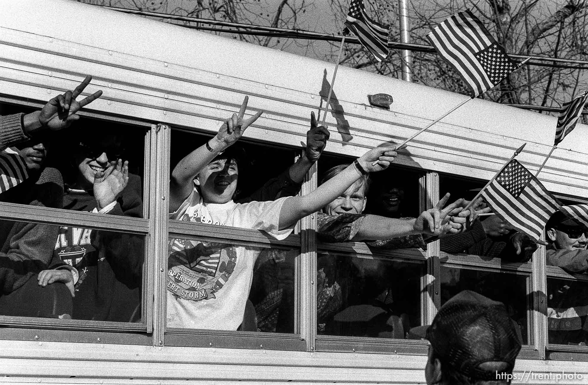 Veterans cheering at the return of the U.S.S. Mercy hospital ship from the Gulf War.