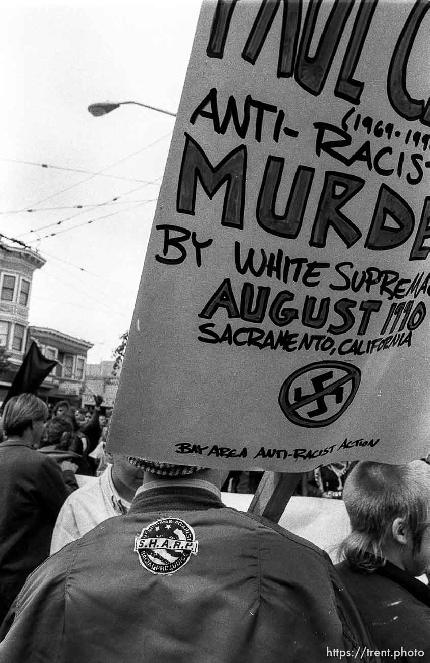 Signs at anti-racist skinhead rally