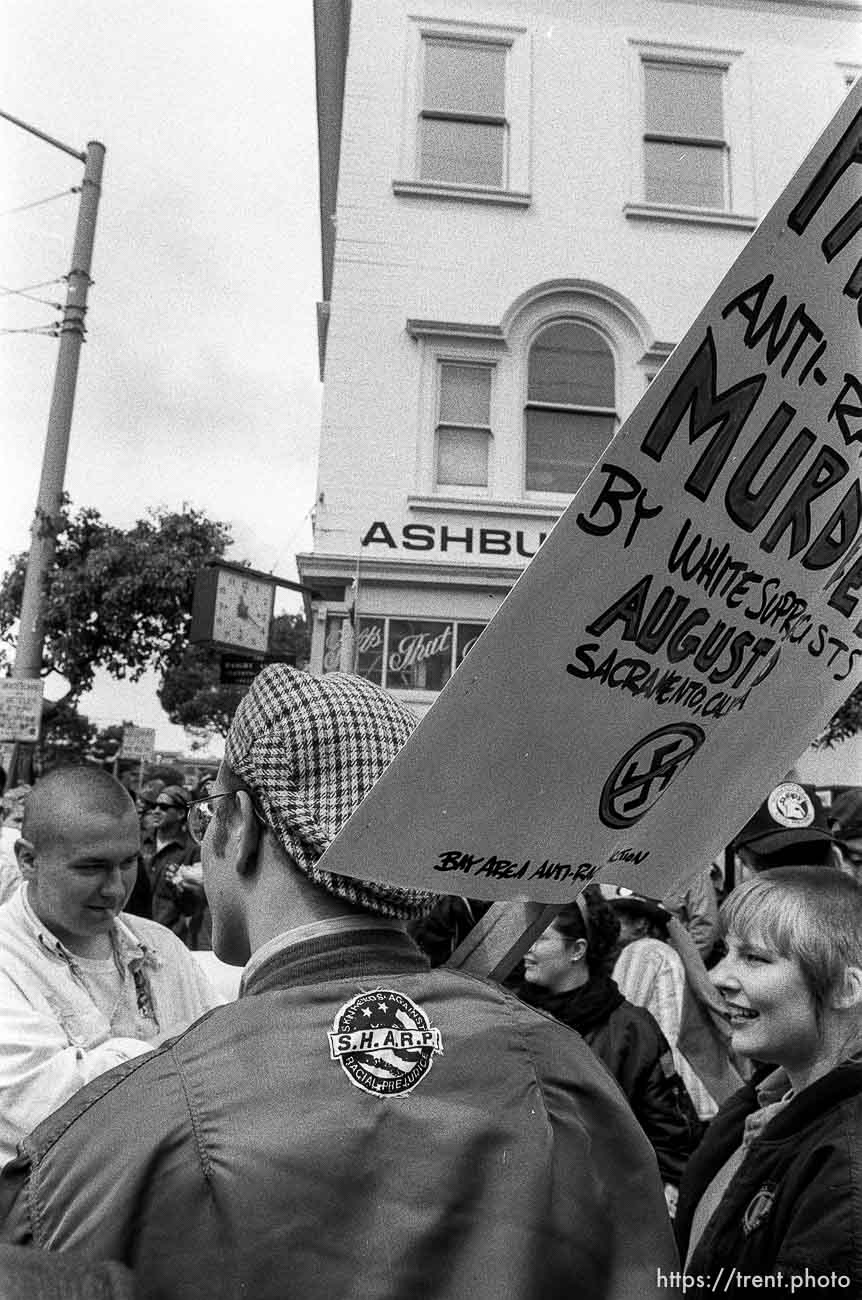 Signs at anti-racist skinhead rally