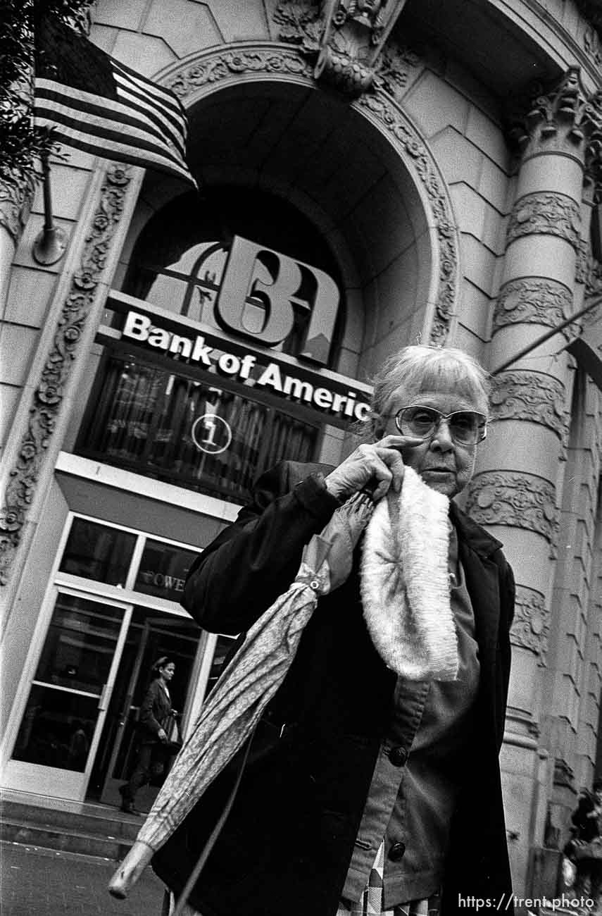 Woman in front of Bank of America