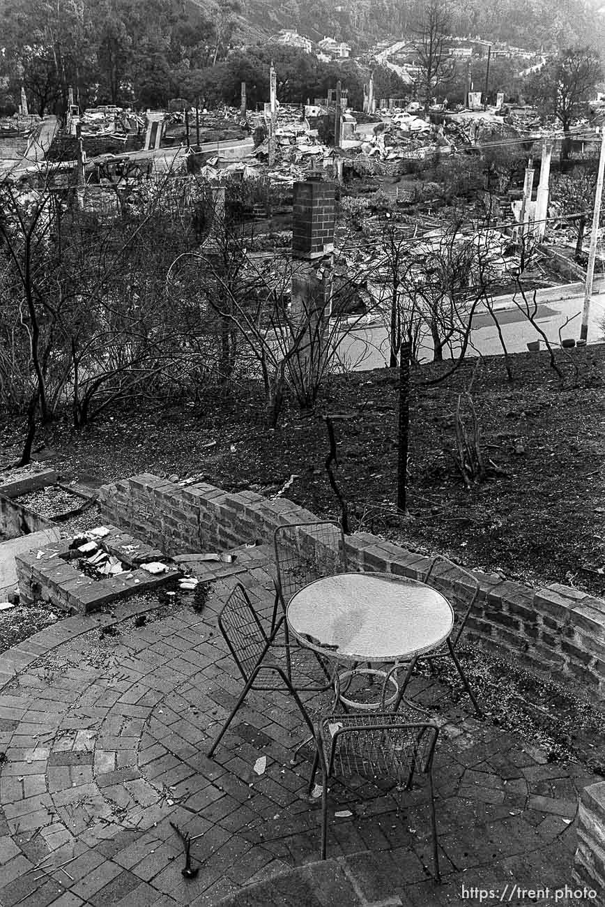 Patio and remains of burned homes after the Oakland Hills Fire.