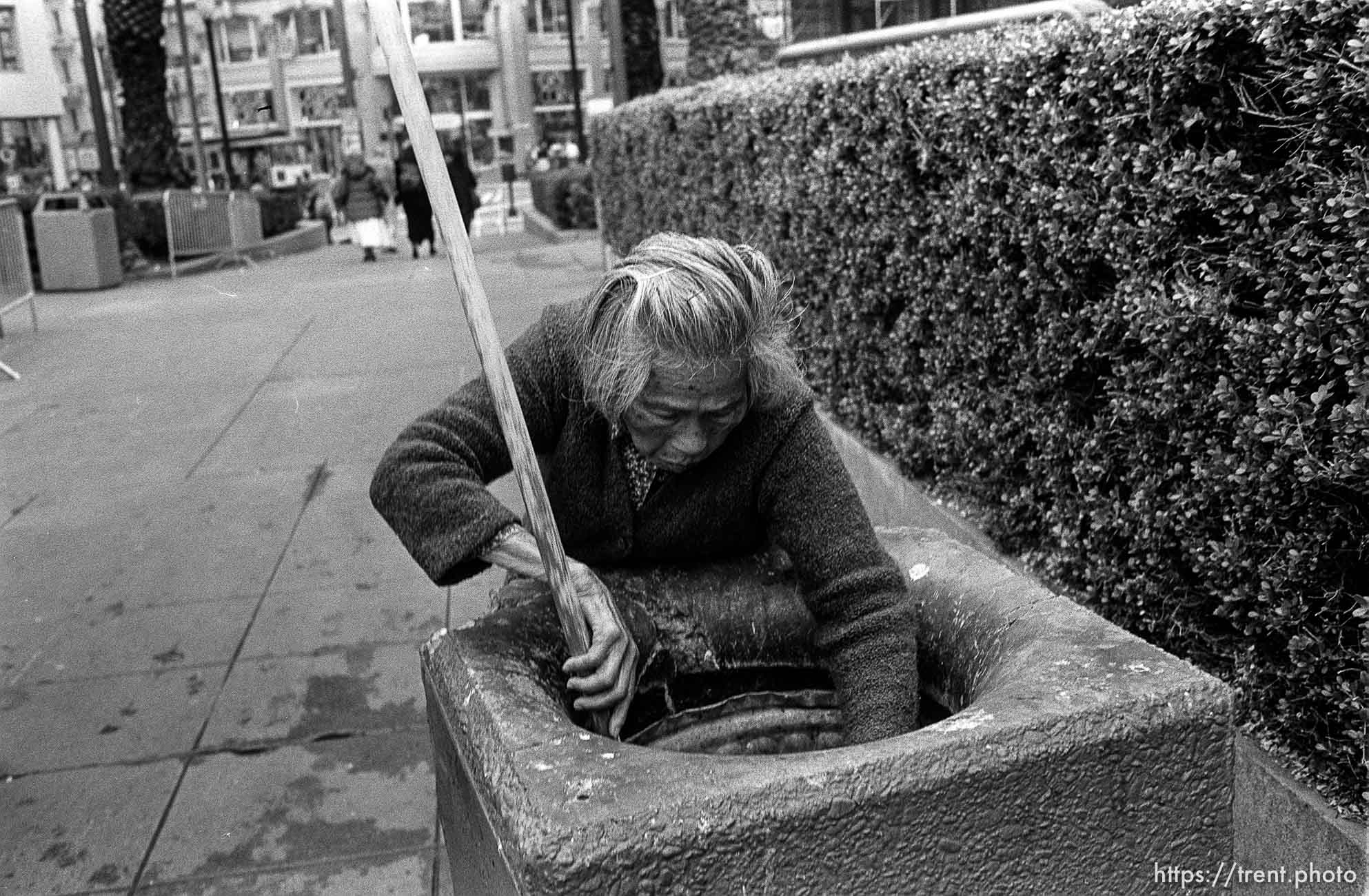 Woman picks through trash can