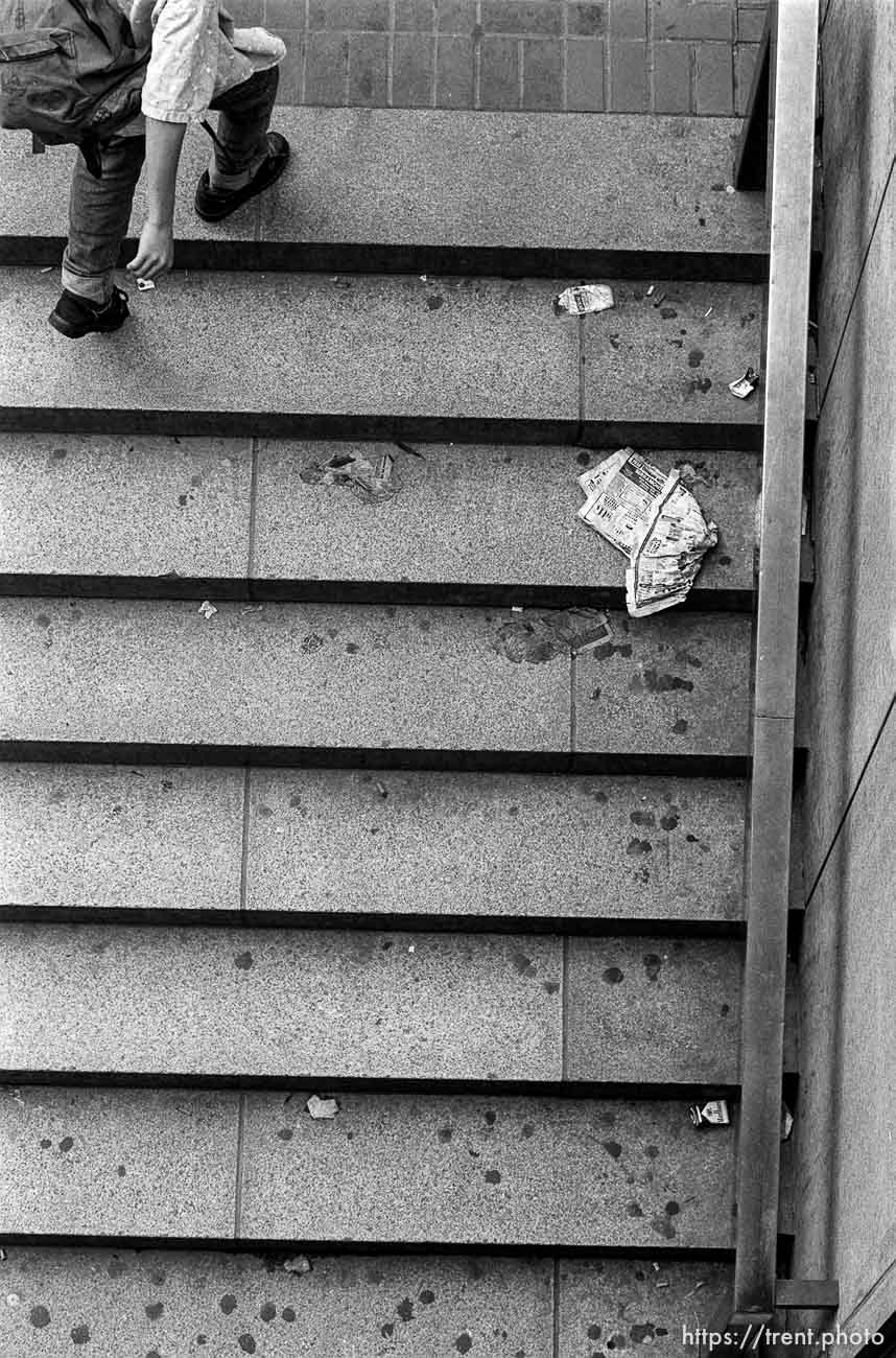 Man's feet, walking up steps