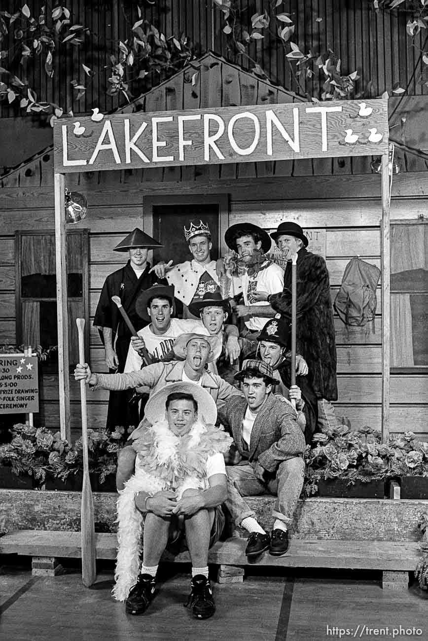 Students in costume pose for a photo at Acalanes High School graduation party