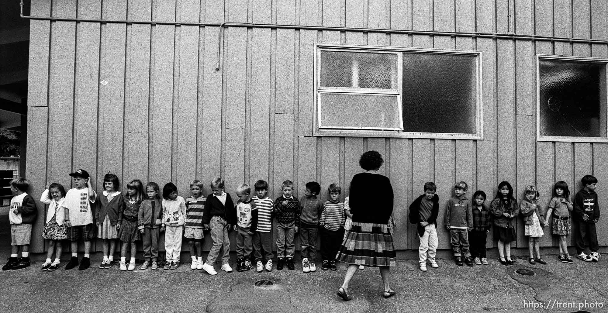 Teacher and class lined up at first day of kindergarten