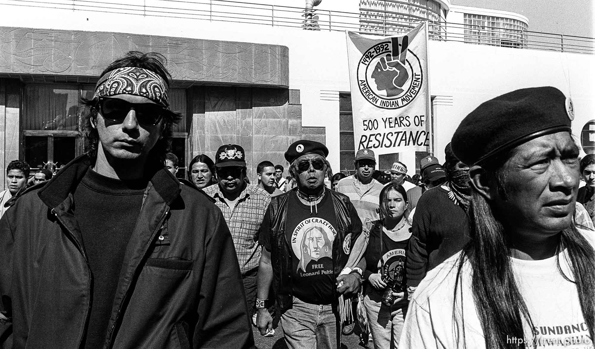 American Indian Movement people at anti-Christopher Columbus protest.